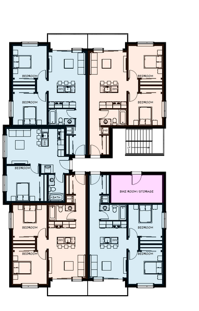 Five-home floorplate combining Community home layouts