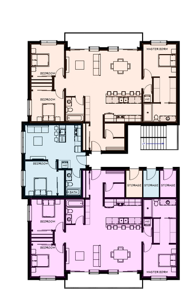 Three-home floorplate combining larger Community home layouts